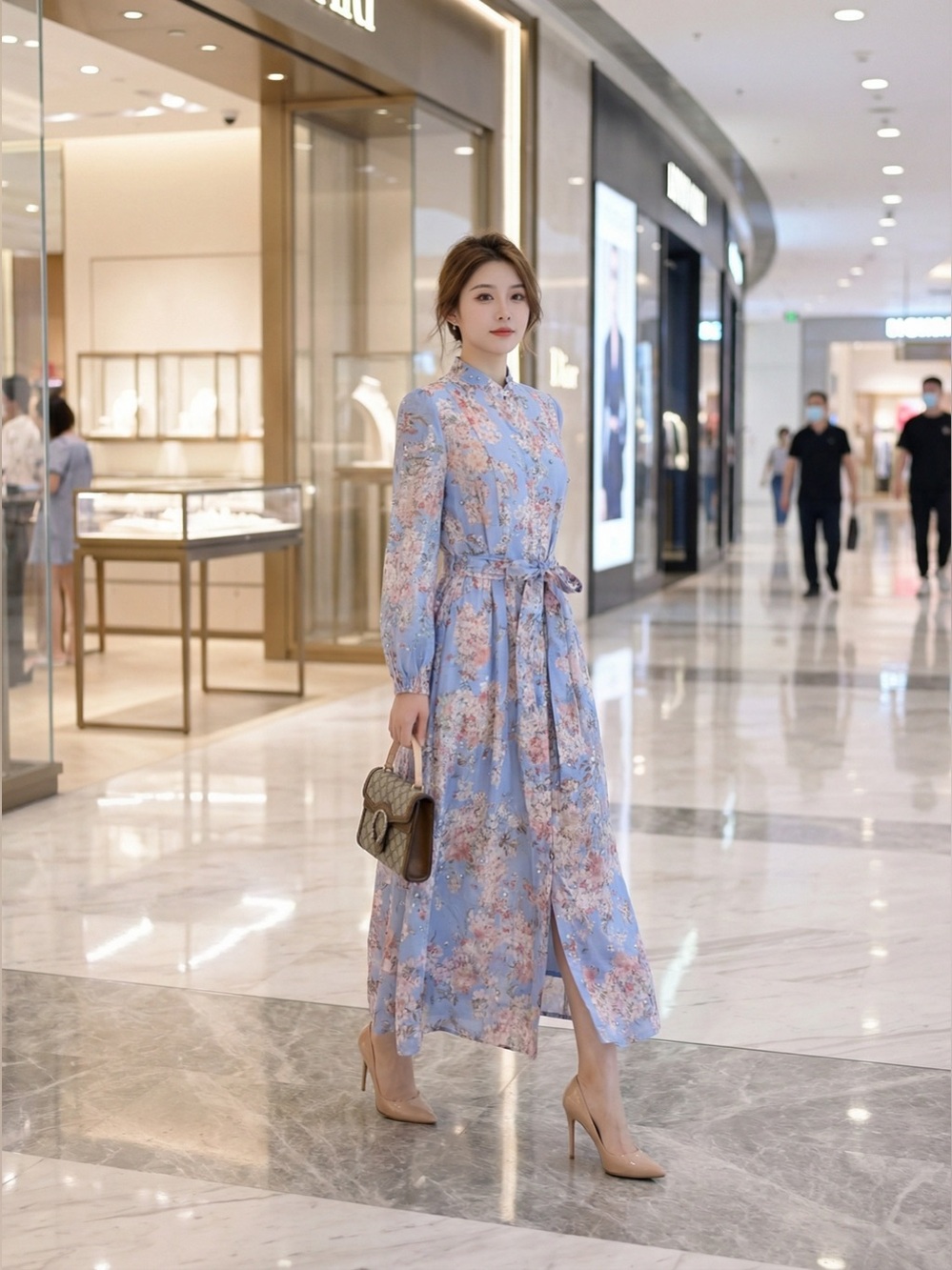 Light Blue Floral Long-Sleeve Midi Dress with Tie Waist S/M